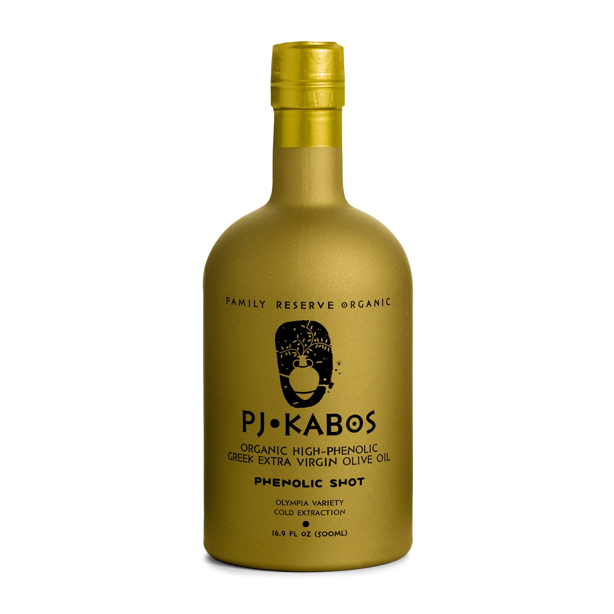 A bottle of PJ KABOS high phenolic extra virgin olive oil.