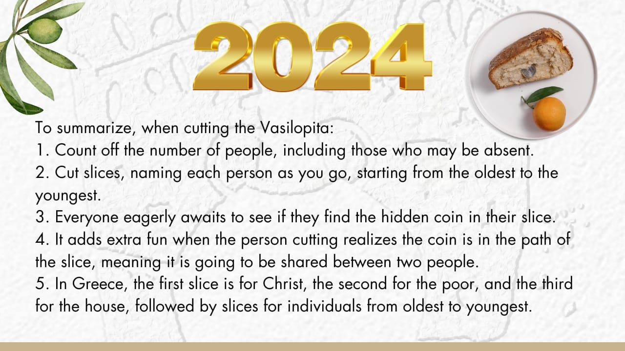 Instructions on how to cut a New Year's Cake--Vasilopita--and start a new New Year’s celebration in a family.