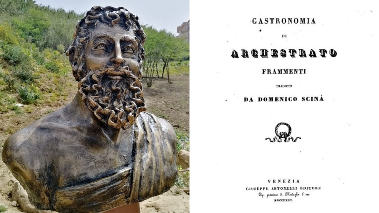 A bust of the ancient Greek writer and gastronome Archestratus and a copy of his translated ancient Greek cookbook.