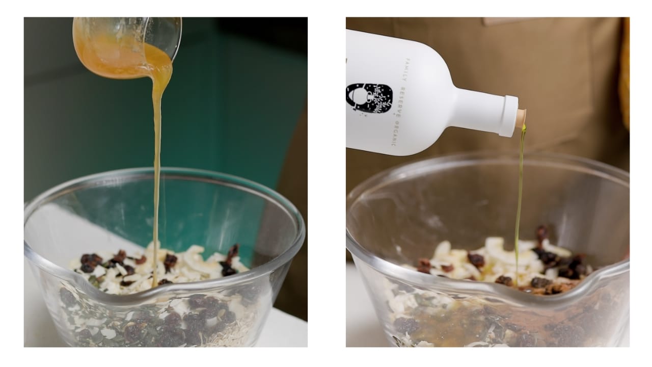 Honey and olive oil being added to a bowl of granola being made.