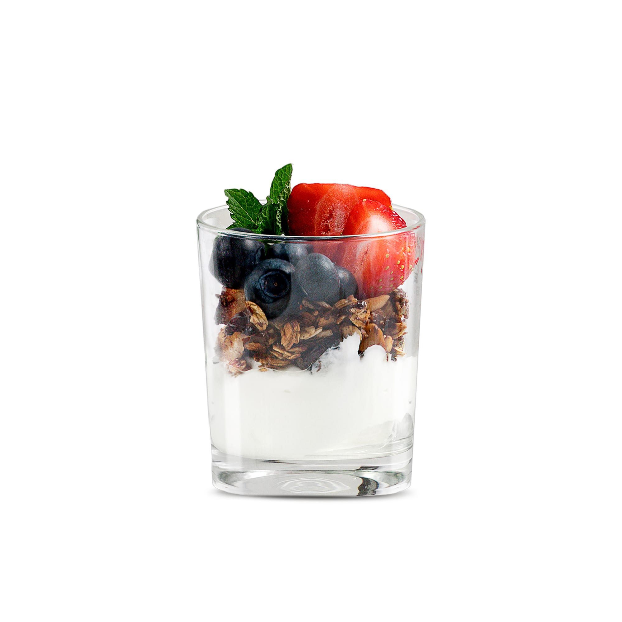 A lovely snack or desert using thick Greek yogurt, granola and fresh berried served in a glass.