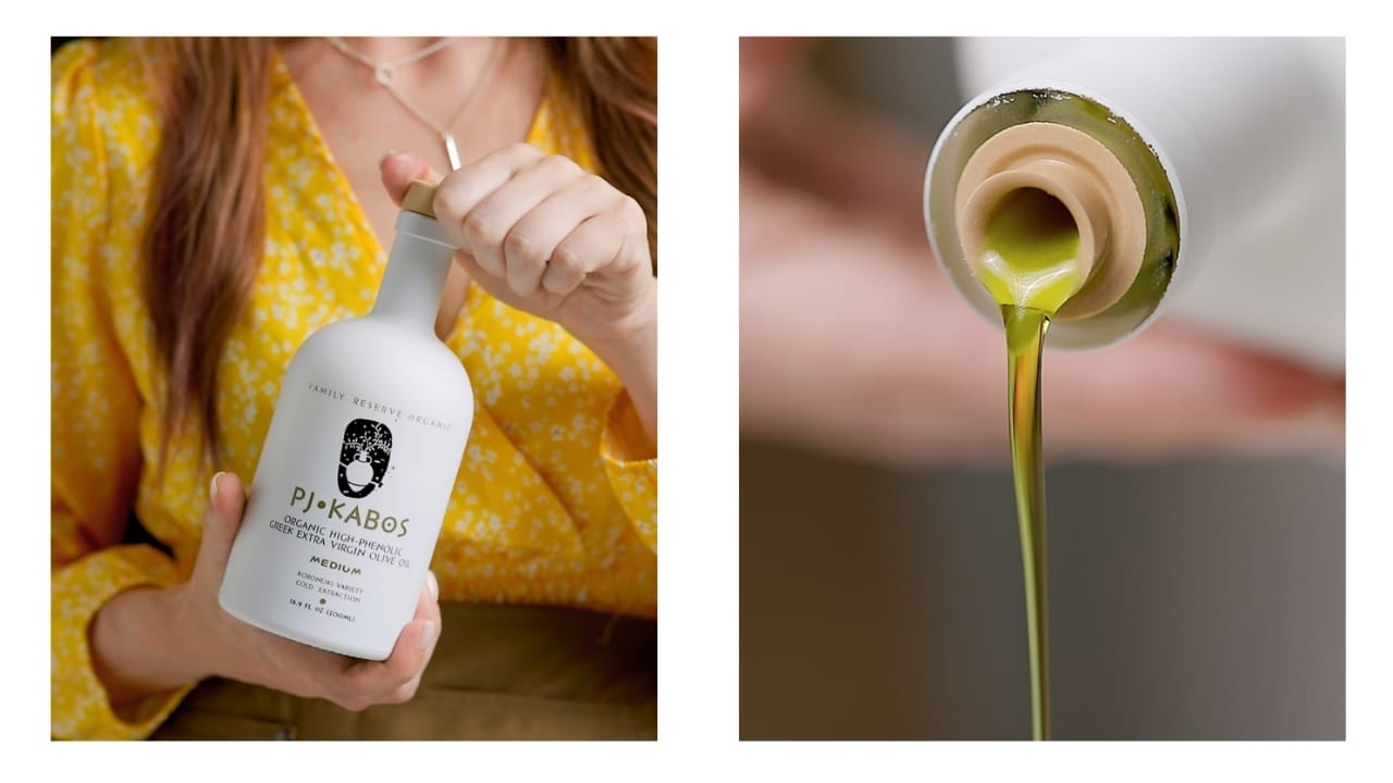 A bottle of PJ Kabos Family Reserve Extra virgin Olive Oil shown on left and the oil being poured on the right.