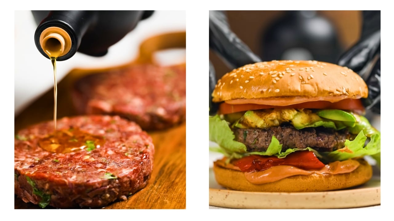 PJ Kabos High Phenolic Extra Virgin Olive Oil being poured onto a hamburger patty and the delicious-looking finished hamburger.