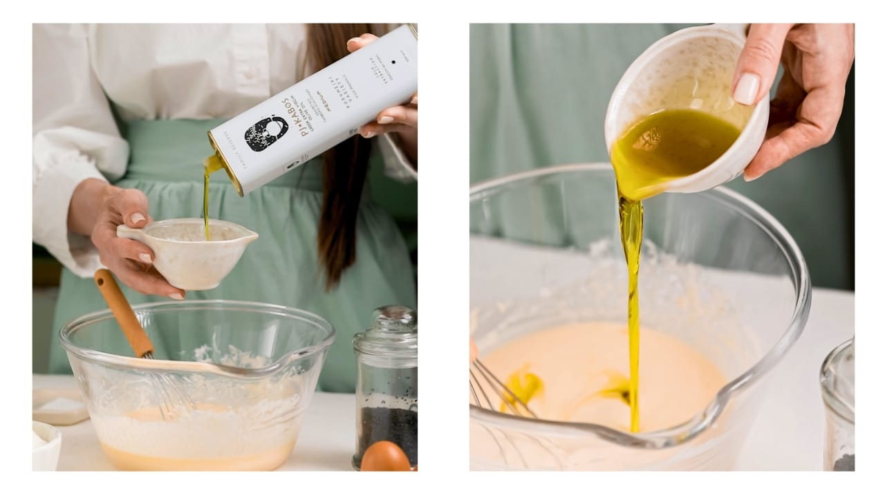 PJ Kabos Extra Virgin Olive Oil being added to the dough to make Greek Tiropita Koulouriou--cheese pie with olive oil, feta and yogurt...