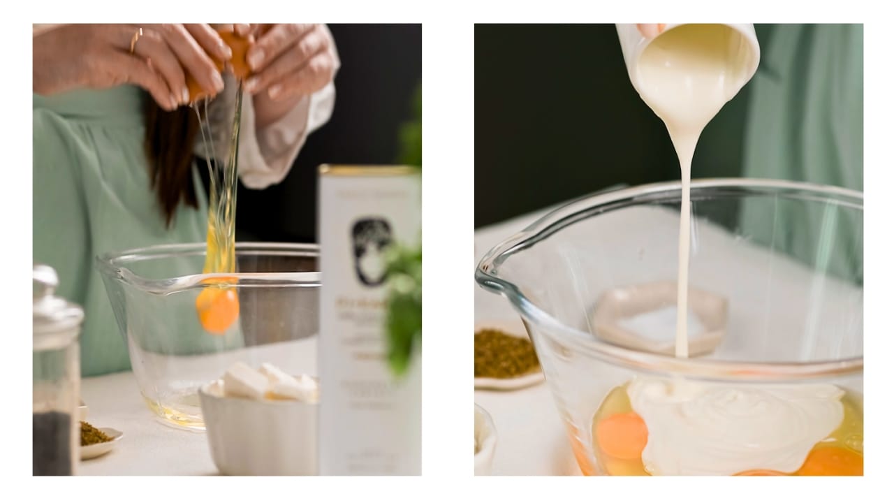 Eggs and yogurt being added to a bowl to start the dough for Greek Tiropita Koulouriou.