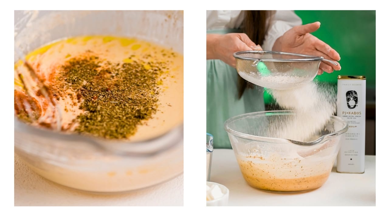 Stirring spices into a bowl and then adding self-rising flour to the cheese bun's dough.