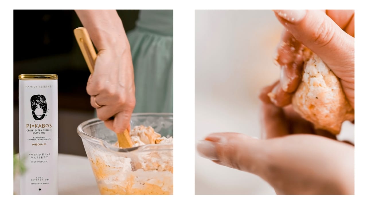 Mixing all the ingredients for the cheese buns until ready to pat out each bun with your hands.