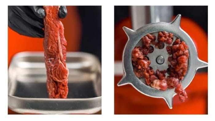 Two tasteful photos of a mechanical meat grinder grinding up a good cut of beef.