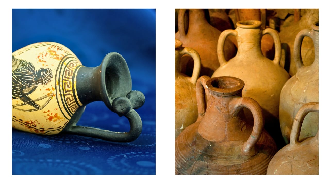 Ancient Greek olive oil containers. One photo shows a decorated jar and has only one handle for ease of pouring; the other photo shows large storage amphora.