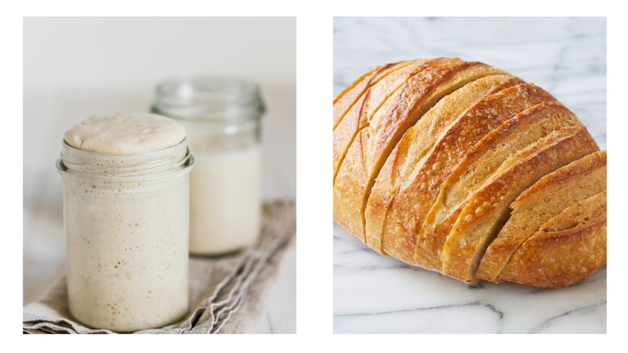 A photo of sourdough starter on left and a loaf of baked San Francisco sourdough bread on right.