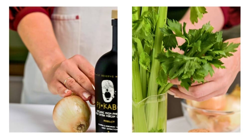 A cook is getting ready to add an onion, celery and olive oil to her Greek "psarosoupa" - fish soup.