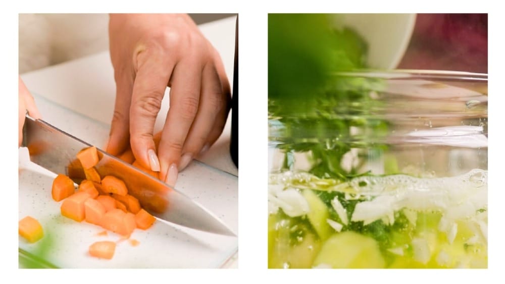 Carrots and celery are added to the boiling pot of Greek "psarosoupa" - fish soup.