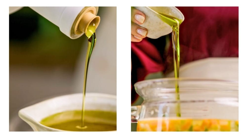 Beautiful stream of olive oil being poured into fish soup.