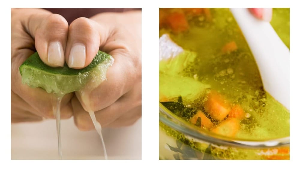 Lemon (or lime) being added to a boiling pot of soup.