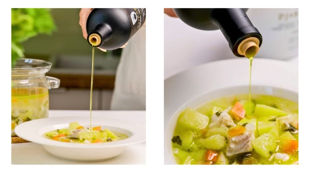 PJ Kabos EVOO Family Reserve Robust is added to Mediterranean Greek fish soup when the soup cools a bit in its bowl.