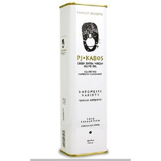 A tin of PJ Kabos High Phenolic Medium Extra virgin Olive Oil. A finishing oil, cooking oil and a phenolic shot. It is easy to store.