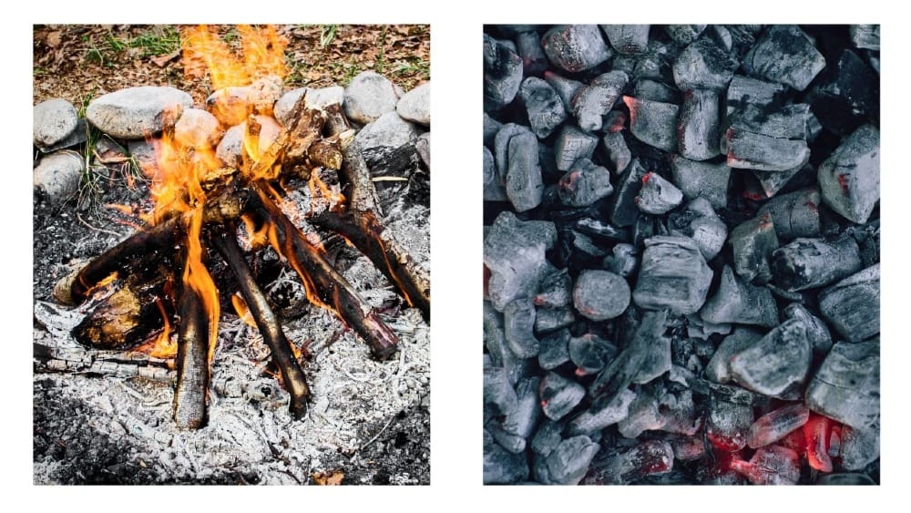 Highlighting the ancient American art of Stone Boiling a red hot fire is shown and hot stores.