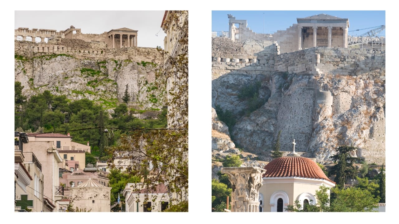 The Old Town of Athens, Greece with the Acropolis above.