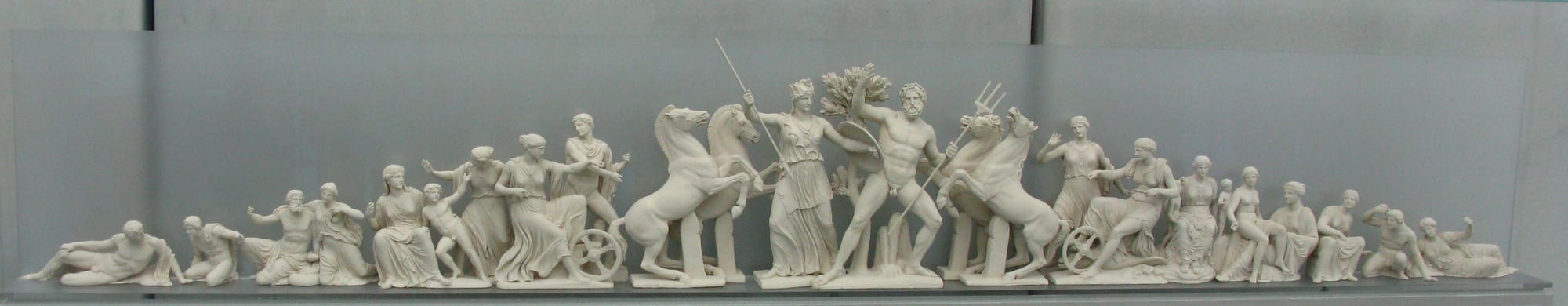 A reconstruction of the west pediment of the Parthenon according to drawing by K. Schwerzek showing the battle between Athena and Poseidon for patronage of the city.