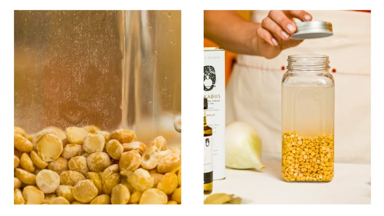 Split peas being placed in fresh clean water to soak in order to making cooking easier.