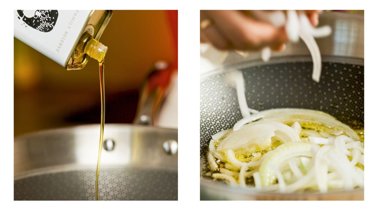 PJ Kabos High-Phenolic Extra Virgin Olive Oil is being poured into a frying pan in order to sauté onions. 