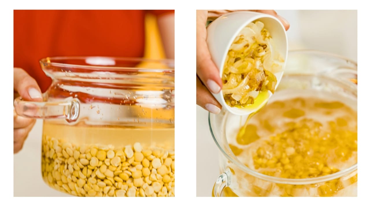 Sautéed onions along with their oil are being added to a pot of boiling yellow split peas.