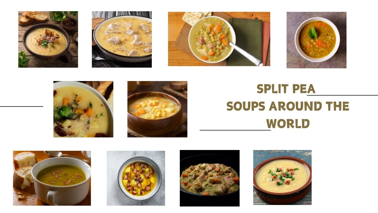 Several bowls of split pea soup showing all the different ways it is prepared by chefs around the world.