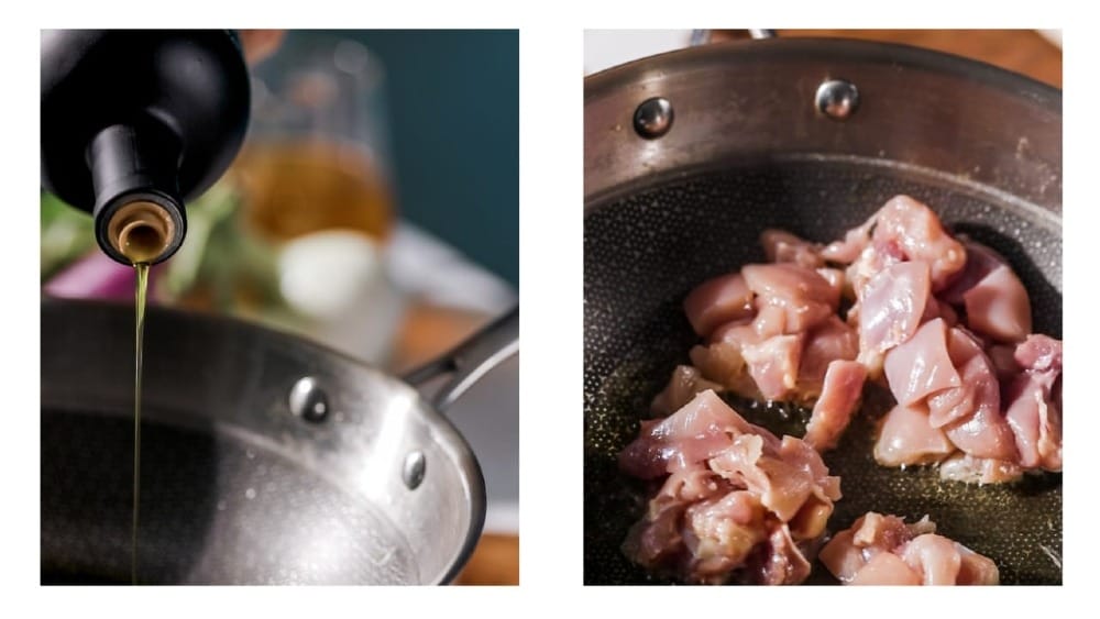 EVOO being poured into a pan in order to sauté pieces of meat.