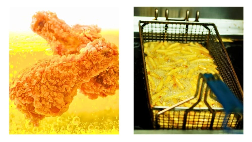 Chicken legs being deep fried by a home cook and commercially deep fried French fries being deep fried.