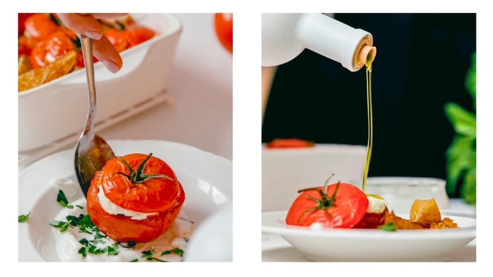 Greek stuffed tomatoes being plated and a drizzle of PJ Kabos EVOO being added at the end.