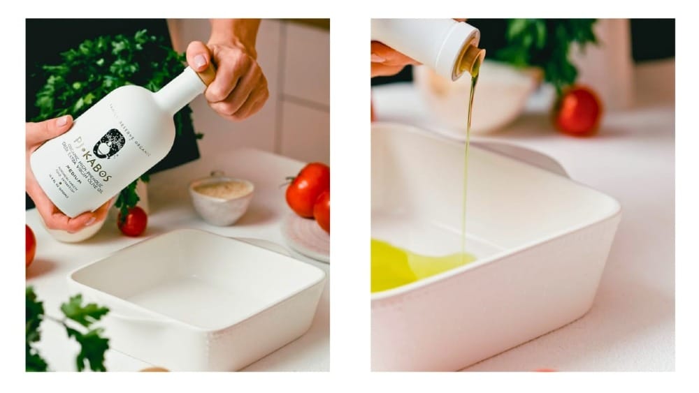 PJ Kabos EVOO being poured into a baking pan.