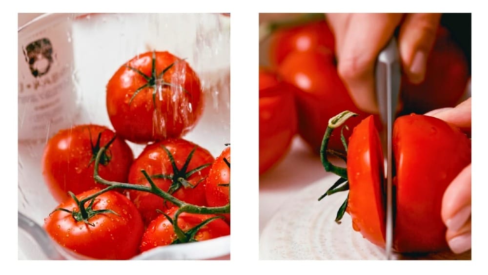 Tomatoes being prepared to make Greek Stuffed Tomatoes with rice.