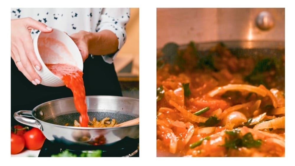 Tomato pulp being added to the sautéed onions in a fraying pan.