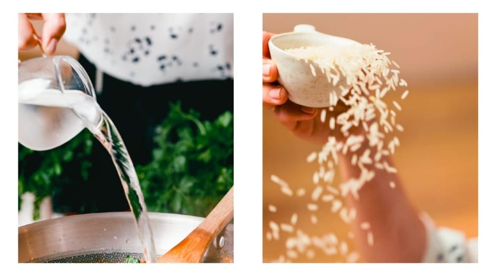 Water and rice being added to the onion, tomato, parsley mix in the frying pan.