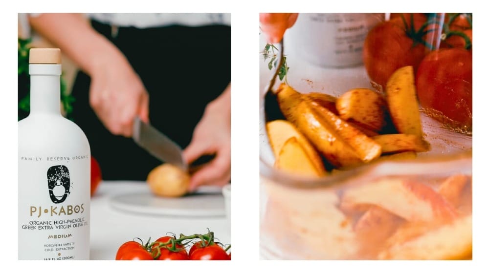 A chef cutting up a potato and then potatoes coated in olive oil.