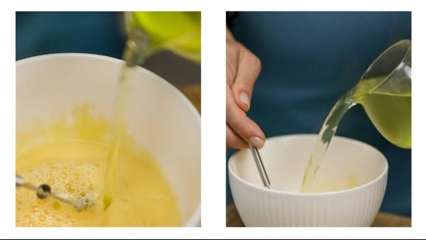 Hot broth being whisked in avgolemono sauce to temper.