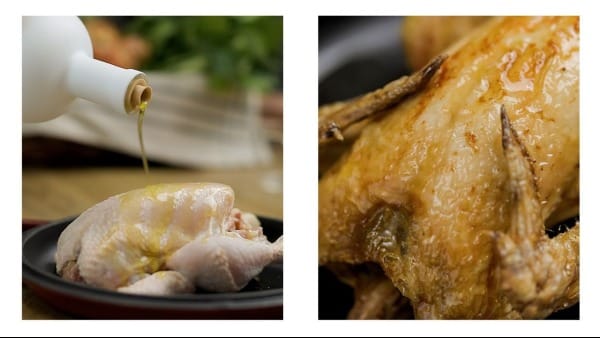 PJ Kabos Extra Virgin Olive Oil being poured over a chicken; a chicken that has been browned..