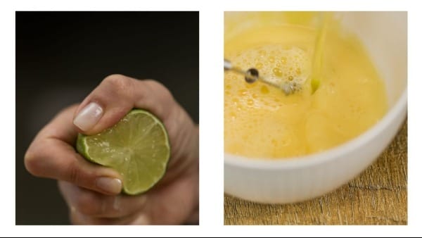 Lemon juice being added to eggs to make avgolemono sauce.