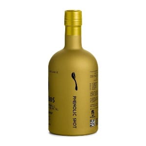 A bottle of a "phenolic shot" of extra virgin olive oil showcasing with a picture of a spoon that it should be taken by spoon.