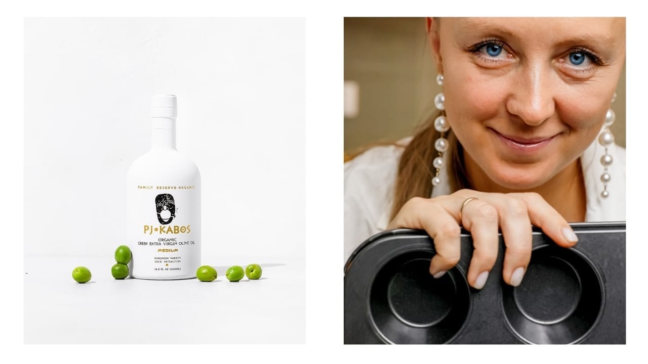 A bottle of PJ Kabos Family Reserve Organic EVOO and a woman ready to use a muffin tin.