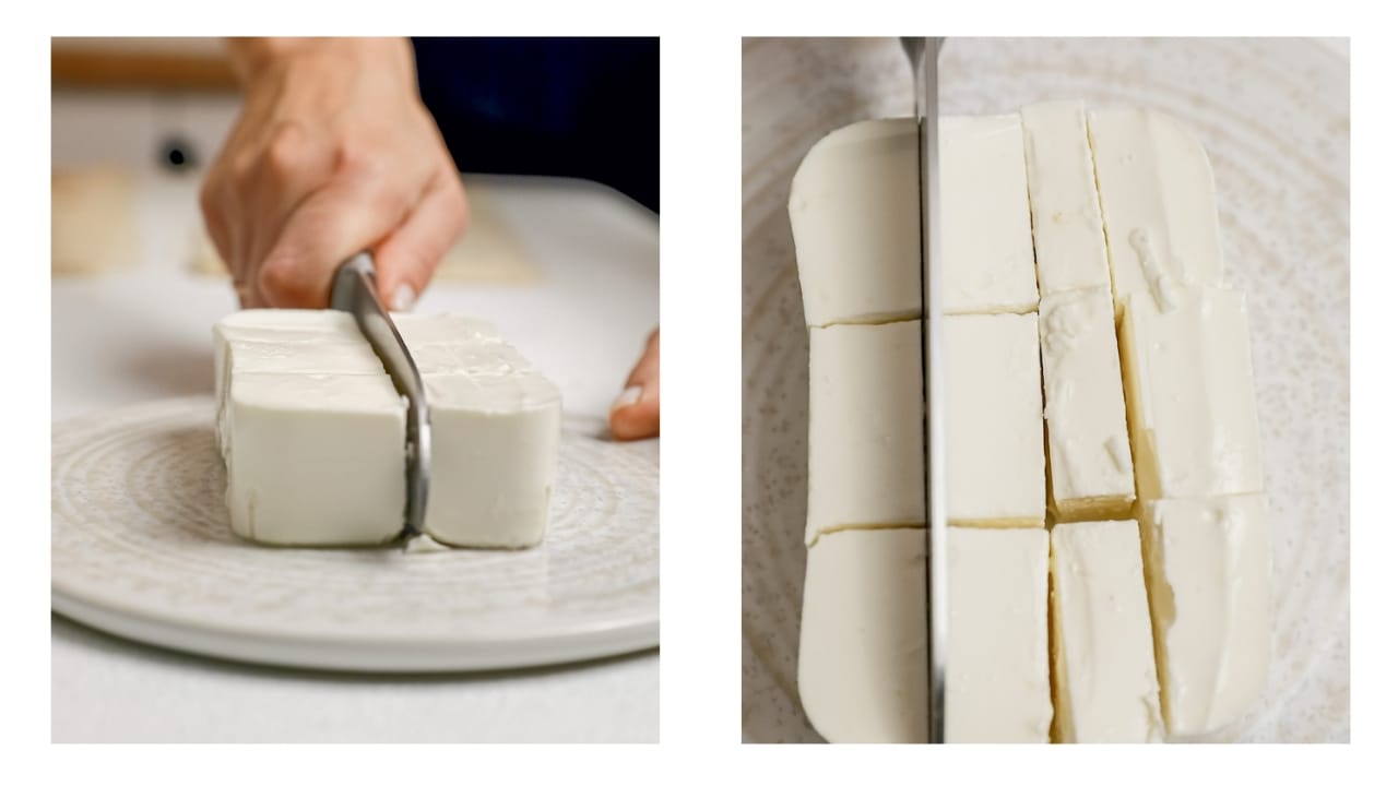 Feta being sliced into strips.