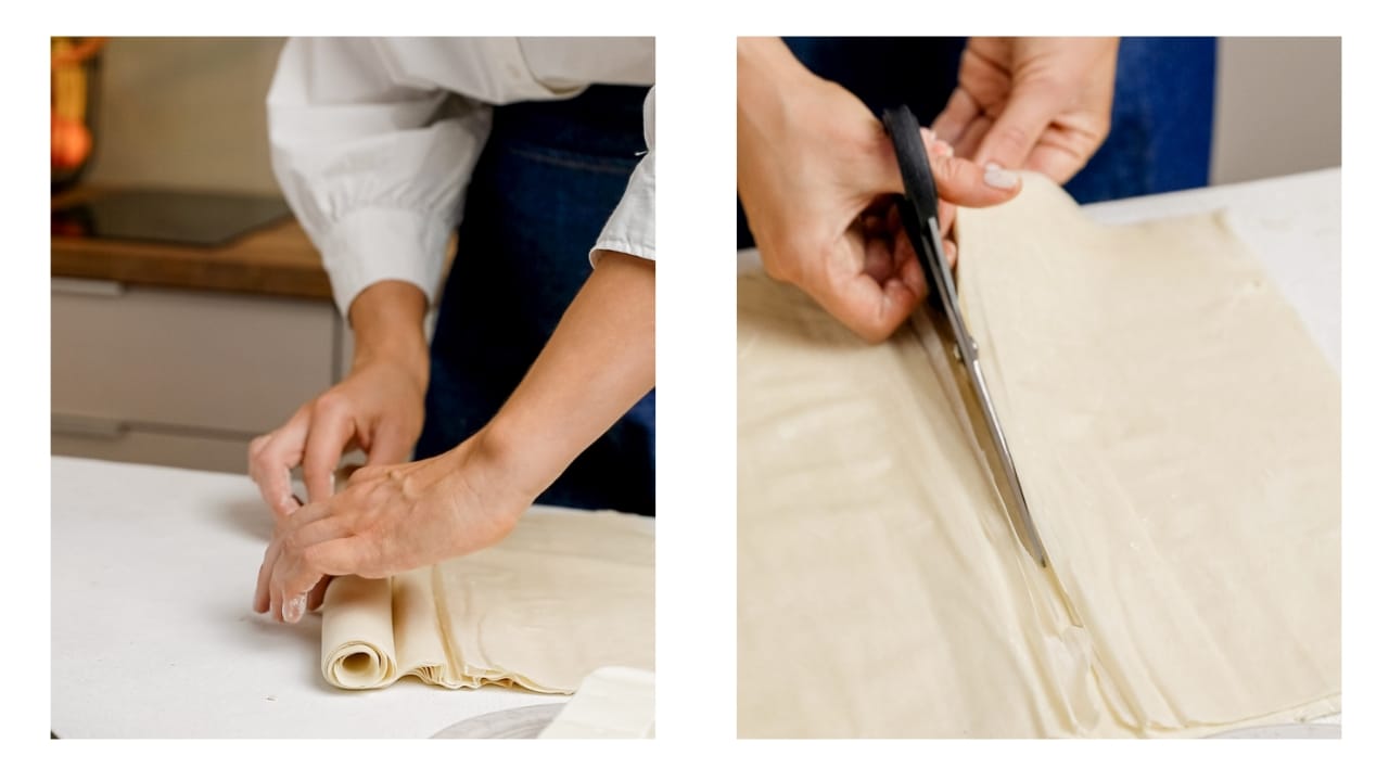 Phyllo being prepared to make Crispy Feta, Olive Oil & Honey Bites.