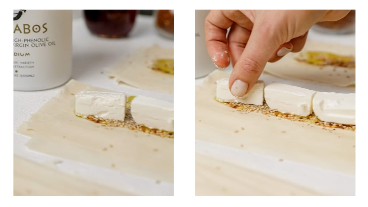 Feta being added to the phyllo.